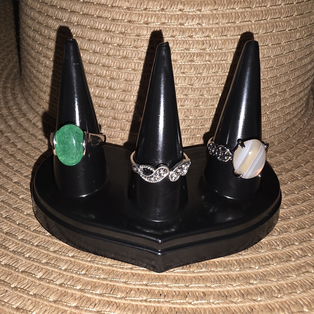 Elegant Trio of Rings with Green, Silver, and White Stones Size 8 Ring Set